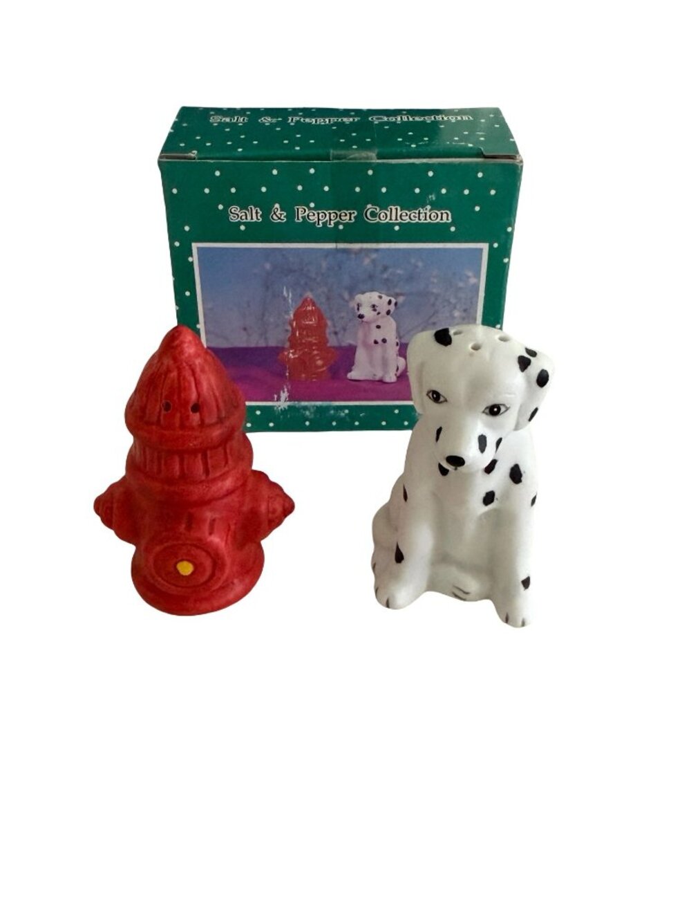 Vintage Young’s Inc Dalmatian & Fire Hydrant Salt and Pepper Shakers With Box